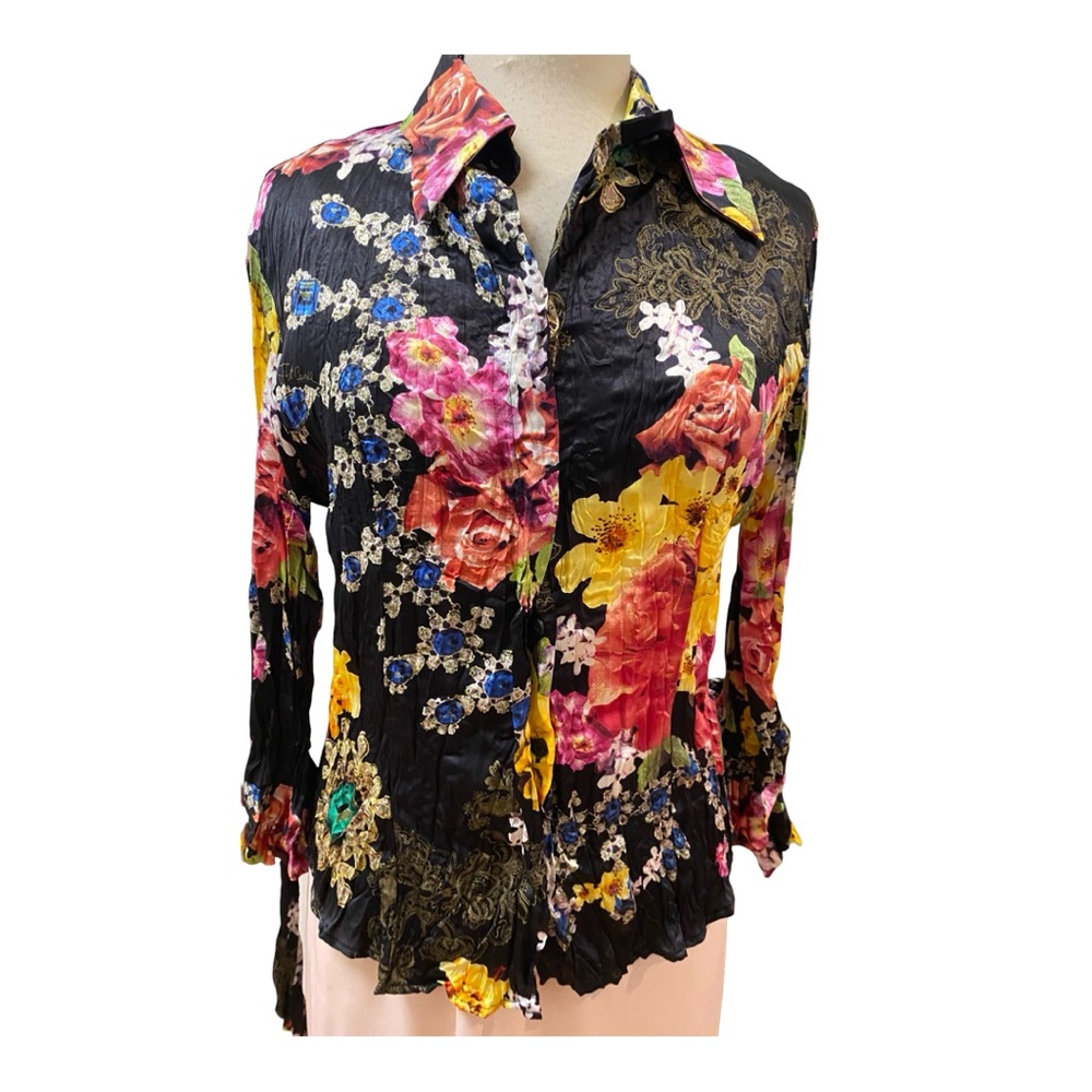 JUST CAVALLI  Italy Silk Crinkle Floral Jewels Blouse 46/10 NWT